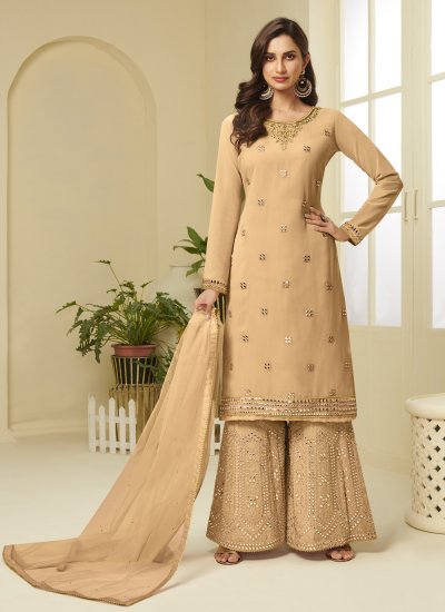 Faux Georgette Embroidered Mustard Designer Palazzo Suit