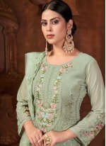 Faux Georgette Embroidered Pant Style Suit in Green