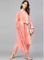 Faux Georgette Embroidered Pant Style Suit in Peach