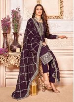 Faux Georgette Embroidered Pant Style Suit in Purple