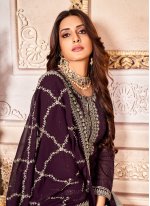 Faux Georgette Embroidered Pant Style Suit in Purple