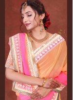 Faux Georgette Embroidered Peach and Pink Shaded Saree