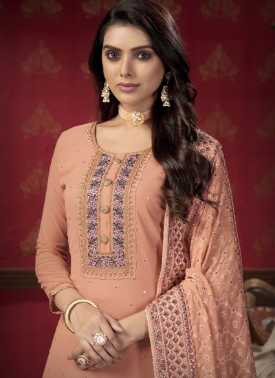Faux Georgette Embroidered Peach Designer Pakistani Salwar Suit