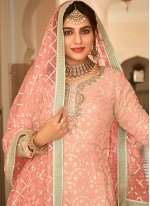 Faux Georgette Embroidered Peach Palazzo Salwar Suit