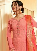 Faux Georgette Embroidered Pink Designer Palazzo Suit