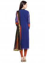 Faux Georgette Embroidered Readymade Churidar Salwar Kameez in Blue and Brown