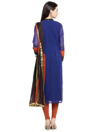 
                            Faux Georgette Embroidered Readymade Churidar Salwar Kameez in Blue and Brown