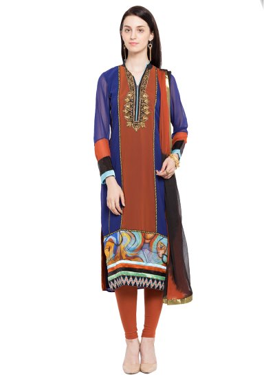 Faux Georgette Embroidered Readymade Churidar Salwar Kameez in Blue and Brown