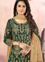 Faux Georgette Embroidered Trendy Palazzo Salwar Kameez in Sea Green