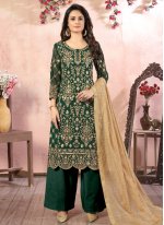 Faux Georgette Embroidered Trendy Palazzo Salwar Kameez in Sea Green