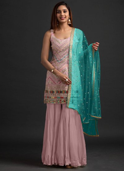 Faux Georgette Embroidered Trendy Salwar Suit in Pink