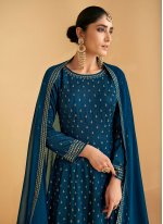 Faux Georgette Floor Length Anarkali Suit in Rama