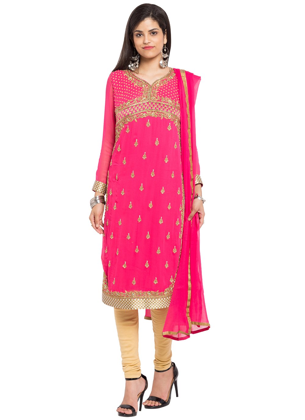 White And Pink Georgette Churidar Salwar Suit -