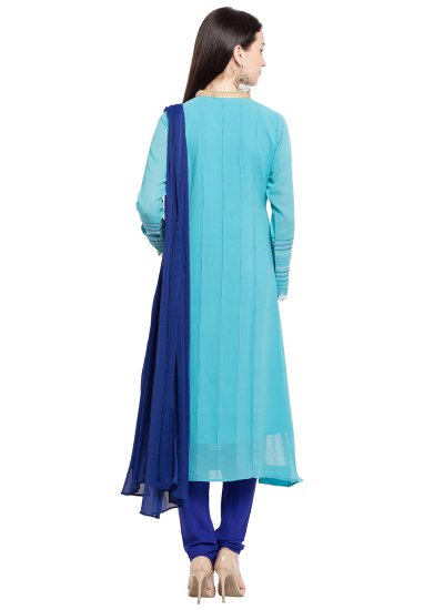Faux Georgette Lace Readymade Anarkali Salwar Suit in Aqua Blue