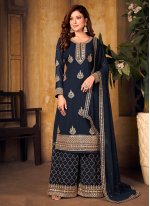 Faux Georgette Navy Blue Embroidered Designer Palazzo Salwar Suit