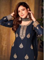 Faux Georgette Navy Blue Embroidered Designer Palazzo Salwar Suit