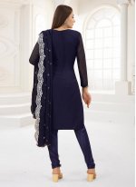 Faux Georgette Navy Blue Embroidered Straight Salwar Suit
