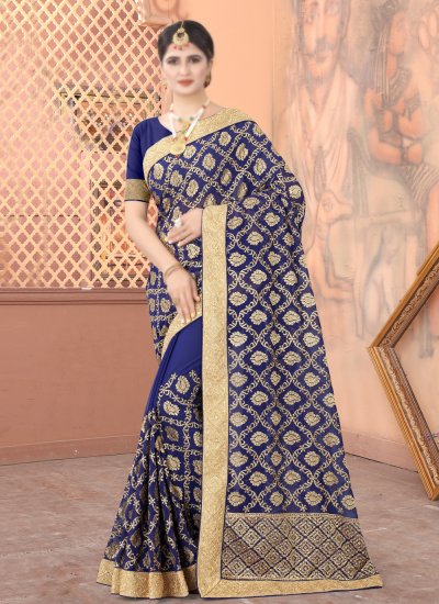 Faux Georgette Patch Border Traditional Designer Saree in Navy Blue