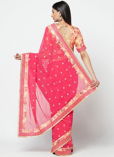 Faux Georgette Pink Embroidered Classic Saree