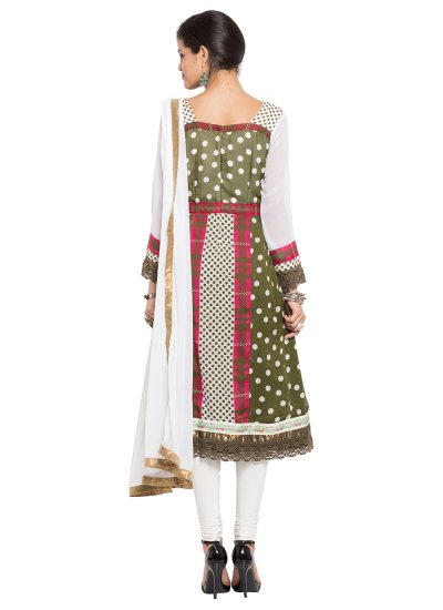
                            Faux Georgette Polka Dotted Readymade Anarkali Salwar Suit in Green and Off White