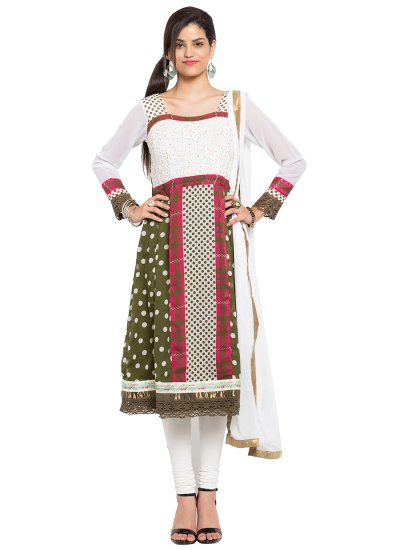 Faux Georgette Polka Dotted Readymade Anarkali Salwar Suit in Green and Off White