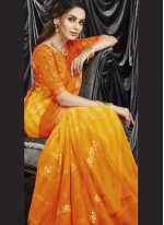 Faux Georgette Print Shaded Saree in Orange and Yellow