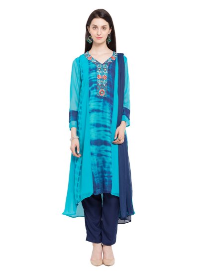 Faux Georgette Printed Readymade Salwar Kameez in Blue