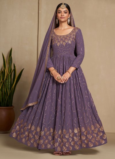 Faux Georgette Purple Embroidered Gown 