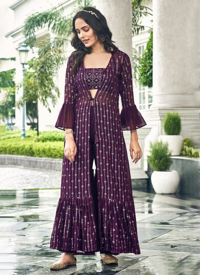 Faux Georgette Purple Embroidered Readymade Salwar Kameez