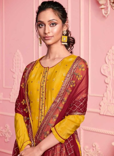 Faux Georgette Yellow Embroidered Pant Style Suit