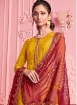 Faux Georgette Yellow Embroidered Pant Style Suit