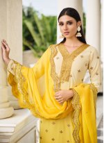 Faux Georgette Yellow Pant Style Suit