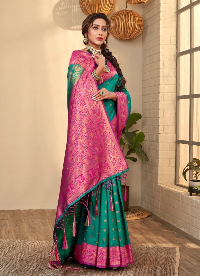 Festal Banarasi Silk Weaving Turquoise Designer Traditional Saree