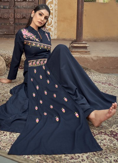 Festal Muslin Blue Embroidered Readymade Gown