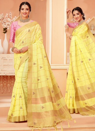 Festal Yellow Khatli Work Cotton Trendy Saree