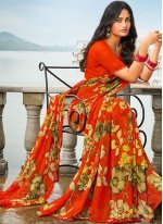 Fetching Abstract Print Orange Faux Georgette Classic Saree