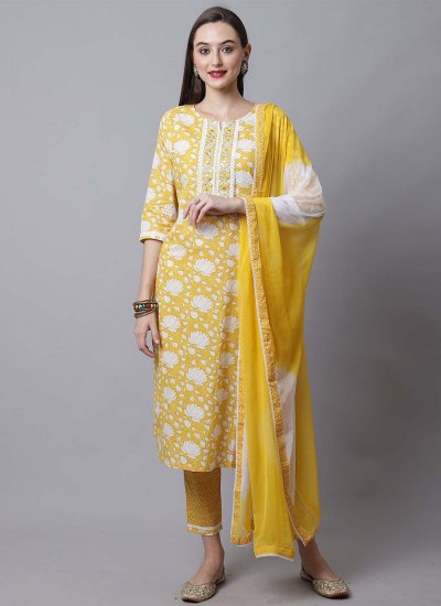 Fetching Cotton Yellow Embroidered Readymade Salwar Kameez