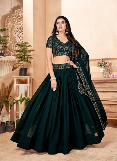 Fetching Faux Georgette Green Embroidered A Line Lehenga Choli