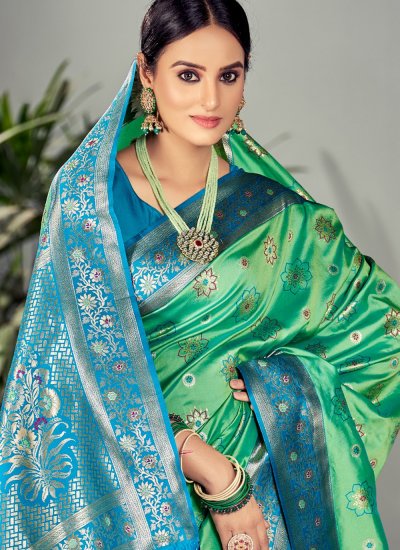 Fetching Satin Silk Green Woven Contemporary Style Saree
