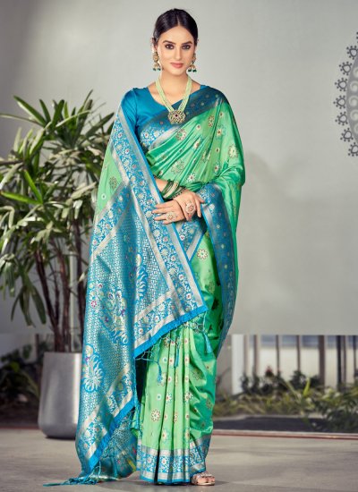 Fetching Satin Silk Green Woven Contemporary Style Saree