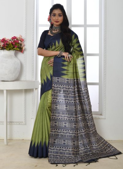 Fetching Sea Green Print Contemporary Style Saree