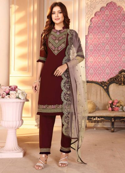 Fine Faux Georgette Embroidered Pant Style Suit