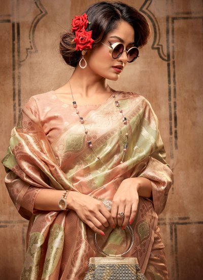 Fine Green and Peach Silk Contemporary Style Saree
