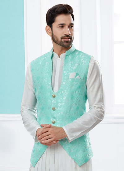 Firozi and Off White Jacquard Work Indo Western