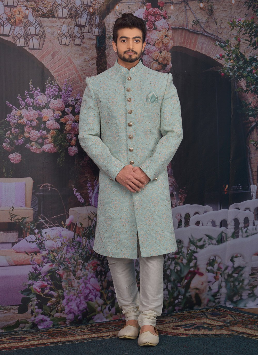 Firozi Embroidered Party Sherwani