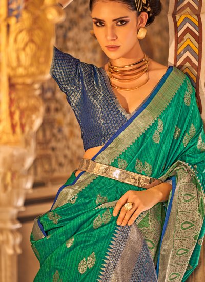 
                            Flamboyant Green Tussar Silk Saree