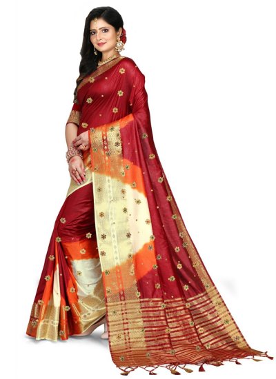 Flattering Embroidered Multi Colour Kanjivaram Silk Trendy Saree