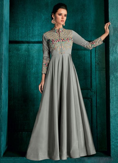 Flattering Grey Embroidered Readymade Gown