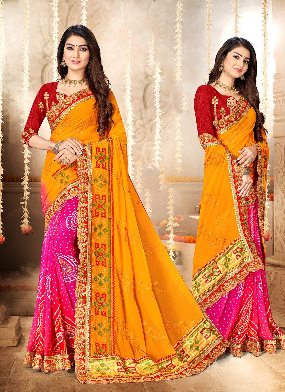 Voluptuous Red and Yellow Embroidered Work Half N Half Saree