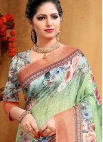Floral Print Linen Traditional Saree in Multi Colour